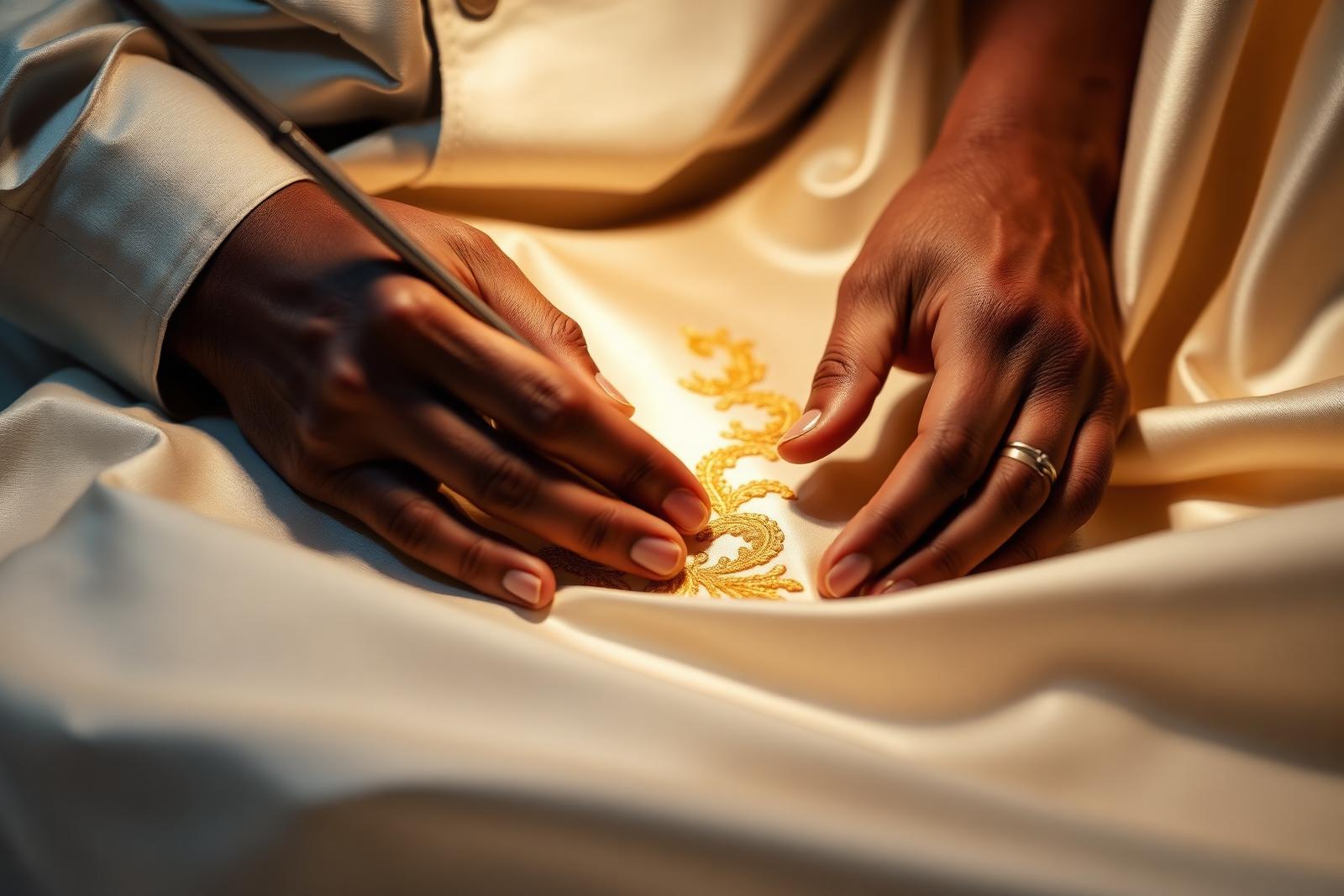 Artisan hand-embroidering gold zari work at Sheen Styles